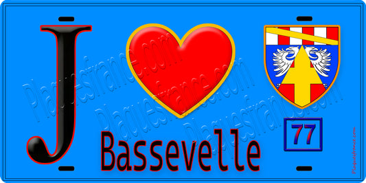 Plaque métal décorative  J' ❤️Bassevelle, Seine et Mrne (77) fond bleu