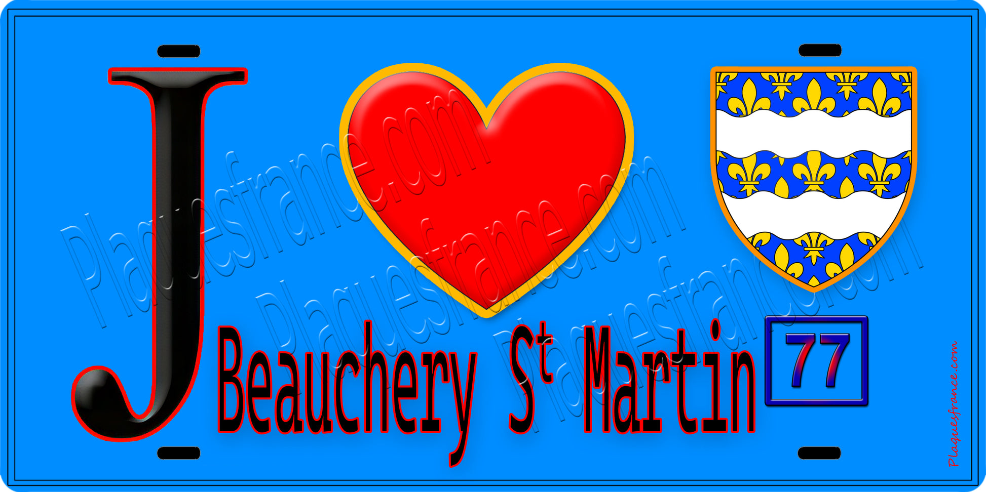 Plaque métal décorative  J' ❤️Beauchery-Saint-Martin, Seine et Mrne (77) fond bleu