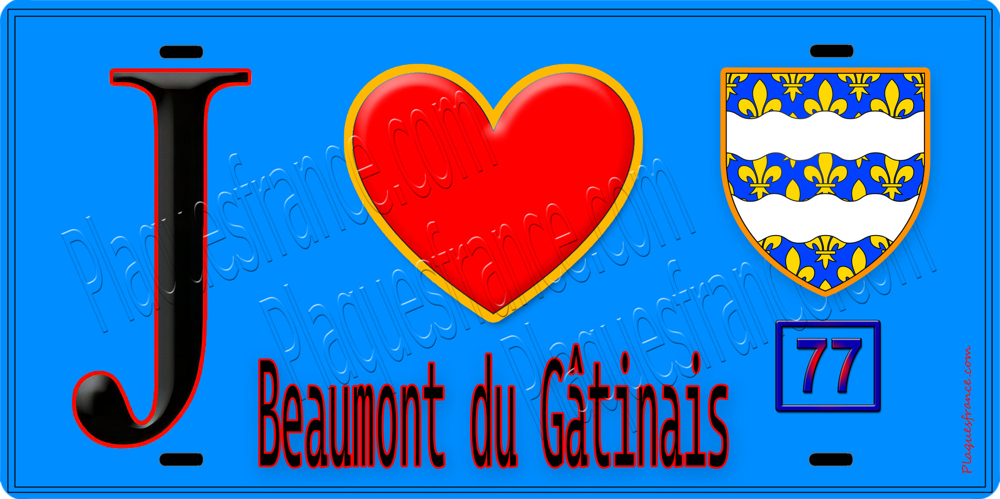 Plaque métal décorative  J' ❤️Beaumont-du-Gâtinais, Seine et Mrne (77) fond bleu