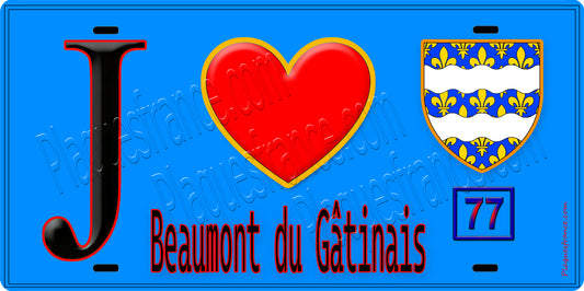 Plaque métal décorative  J' ❤️Beaumont-du-Gâtinais, Seine et Mrne (77) fond bleu