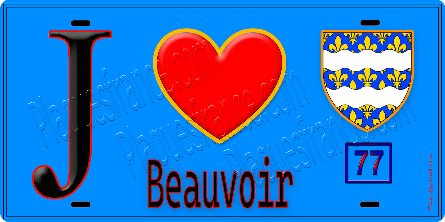 Plaque métal décorative  J' ❤️Beauvoir, Seine et Mrne (77) fond bleu