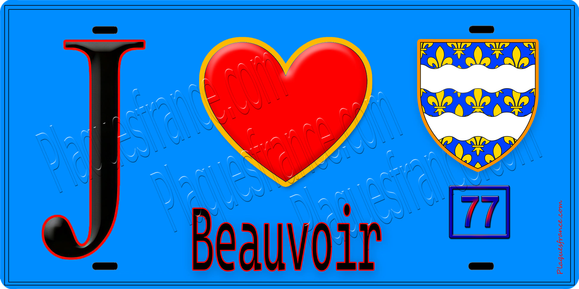 Plaque métal décorative  J' ❤️Beauvoir, Seine et Mrne (77) fond bleu