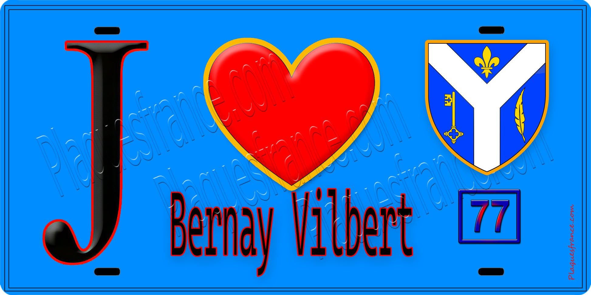 Plaque métal décorative  J' ❤️Bernay-Vilbert, Seine et Mrne (77) fond bleu