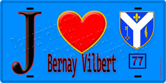 Plaque métal décorative  J' ❤️Bernay-Vilbert, Seine et Mrne (77) fond bleu