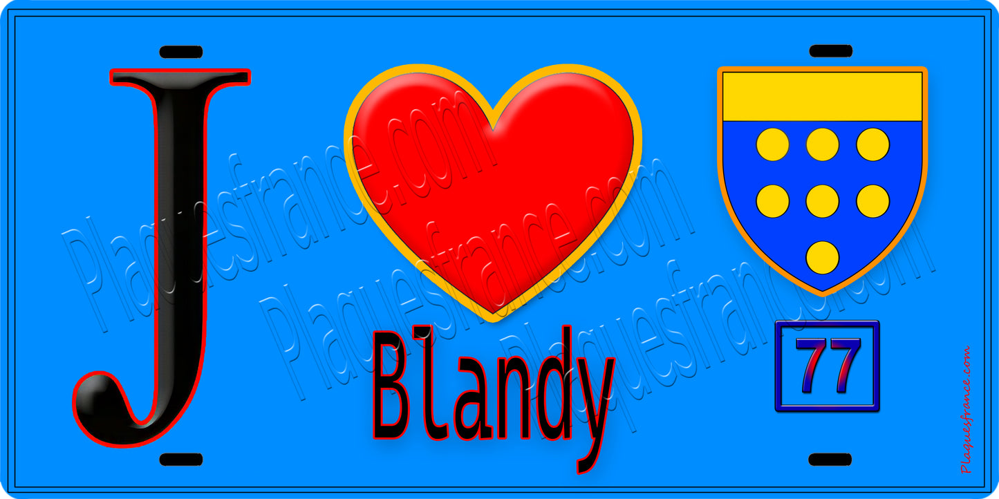 Plaque métal décorative  J' ❤️Blandy, Seine et Mrne (77) fond bleu