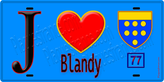 Plaque métal décorative  J' ❤️Blandy, Seine et Mrne (77) fond bleu