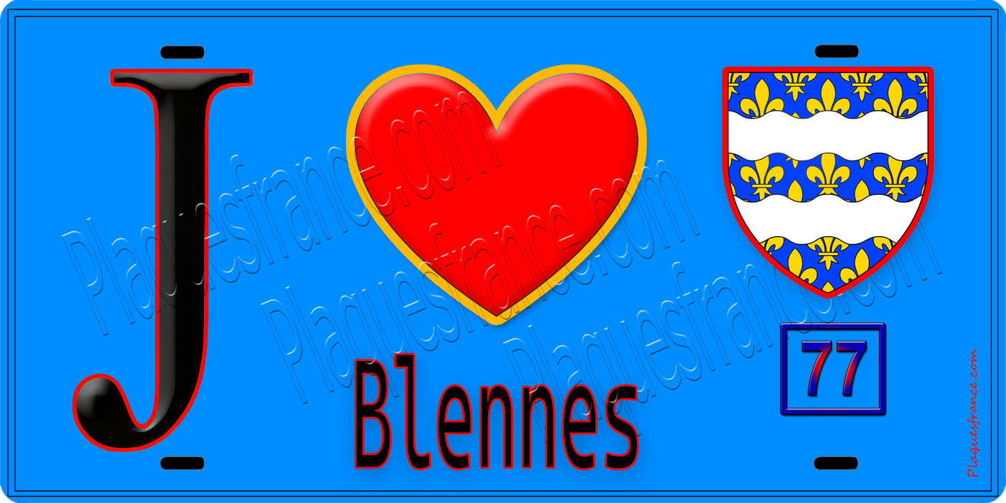 Plaque métal décorative  J' ❤️Blennes, Seine et Mrne (77) fond bleu
