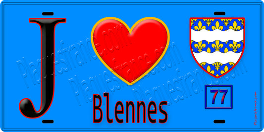 Plaque métal décorative  J' ❤️Blennes, Seine et Mrne (77) fond bleu