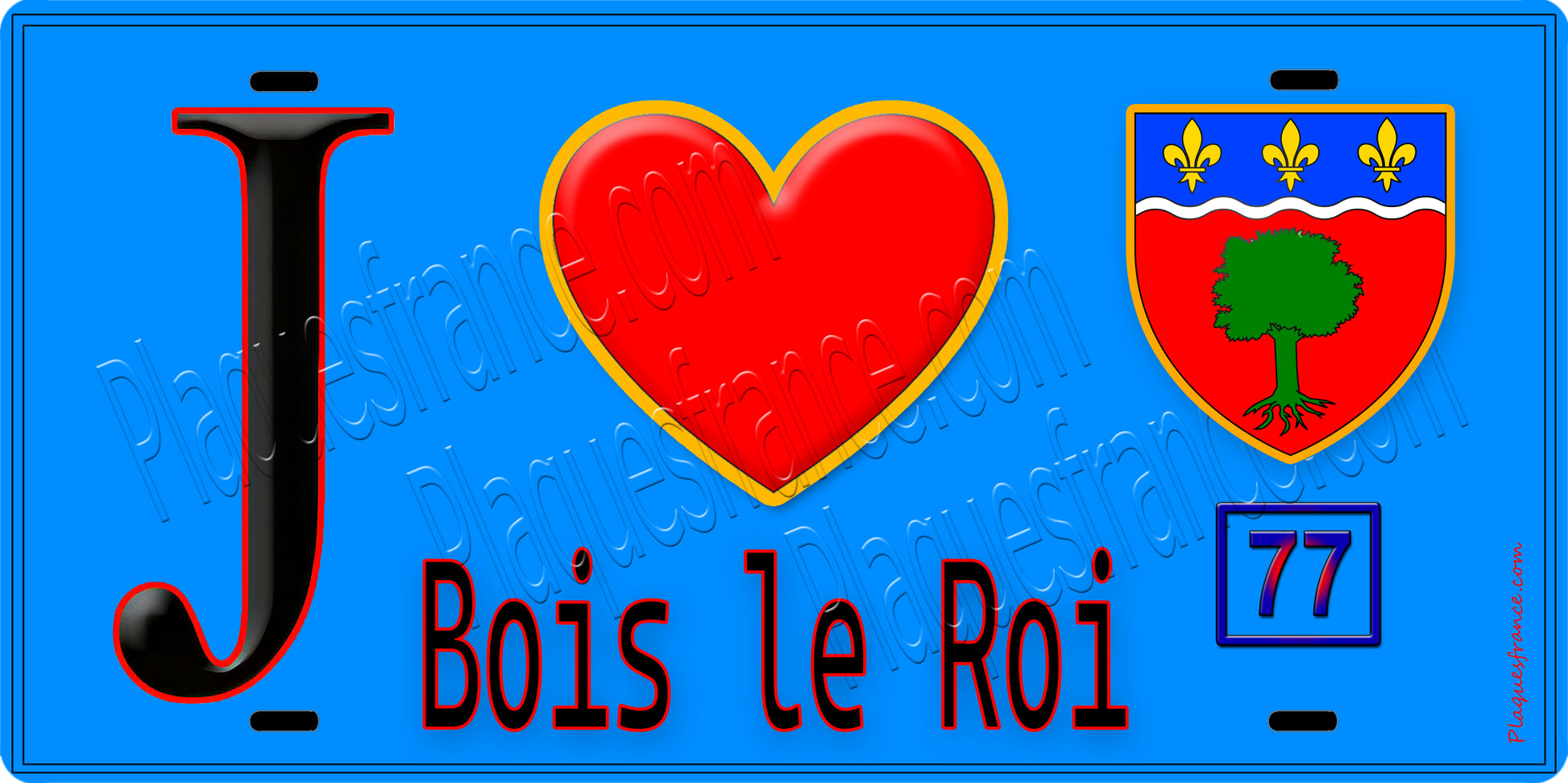 Plaque métal décorative  J' ❤️Bois-le-Roi, Seine et Marne (77) fond bleu