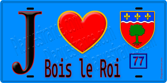 Plaque métal décorative  J' ❤️Bois-le-Roi, Seine et Marne (77) fond bleu