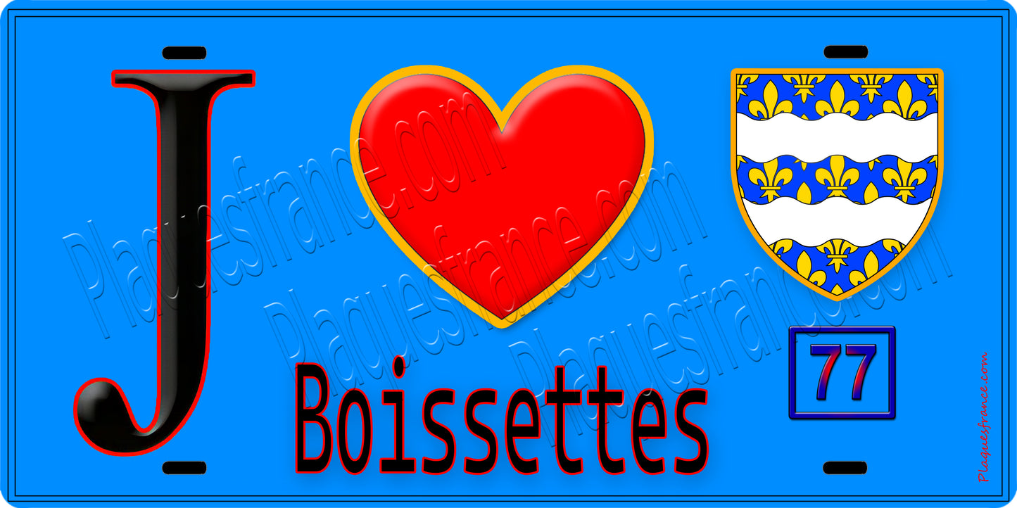 Plaque métal décorative  J' ❤️Boissettes, Seine et Marne (77) fond bleu