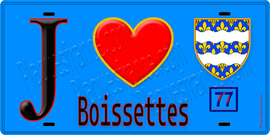 Plaque métal décorative  J' ❤️Boissettes, Seine et Marne (77) fond bleu