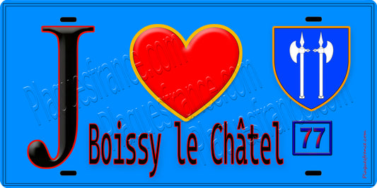 Plaque métal décorative  J' ❤️Boissy-le-Châtel, Seine et Marne (77) fond bleu