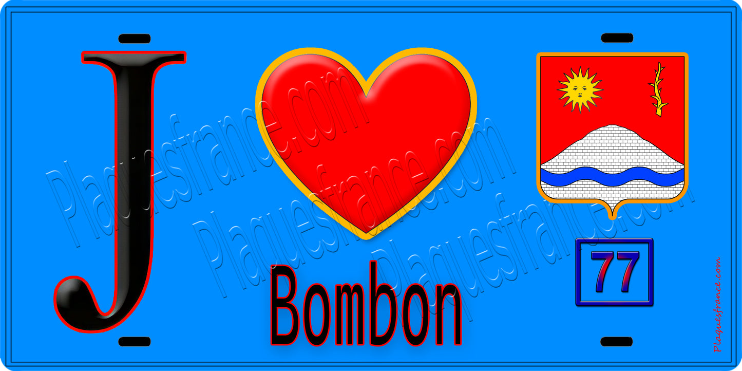 Plaque métal décorative  J' ❤️Bombon, Seine et Marne (77) fond bleu