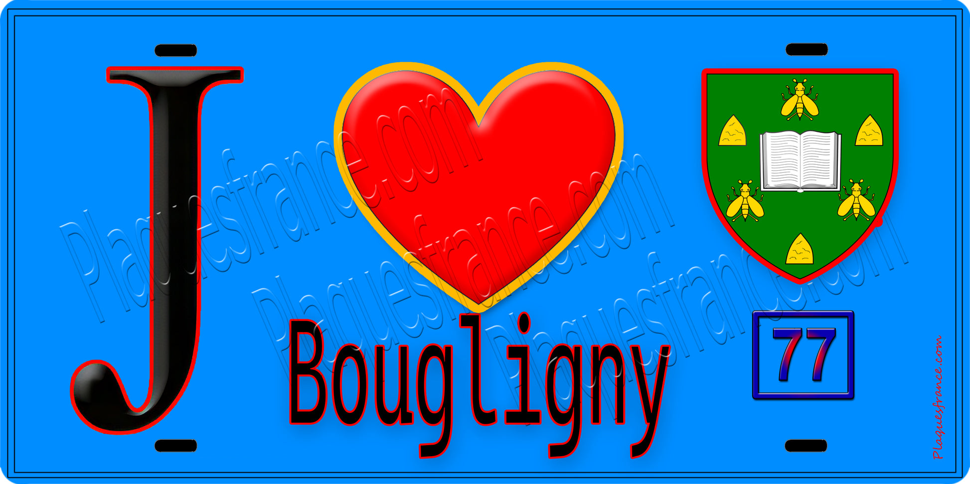 Plaque métal décorative  J' ❤️Bougligny, Seine et Marne (77) fond bleu