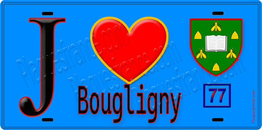 Plaque métal décorative  J' ❤️Bougligny, Seine et Marne (77) fond bleu