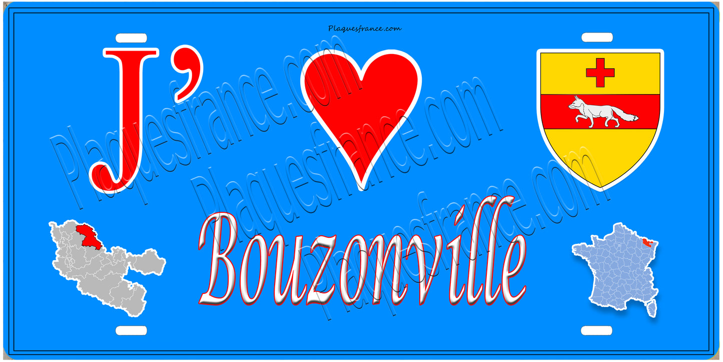Plaque métal décorative 15 x 30 cm fond  mur bleu carte J' ❤️Bouzonville, canton Bouzonville  57