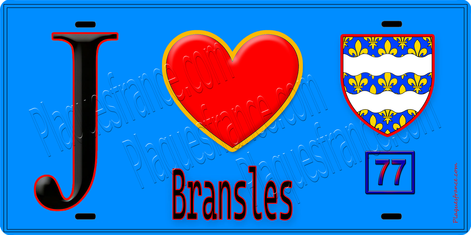 Plaque métal décorative  J' ❤️Bransles, Seine et Marne (77) fond bleu