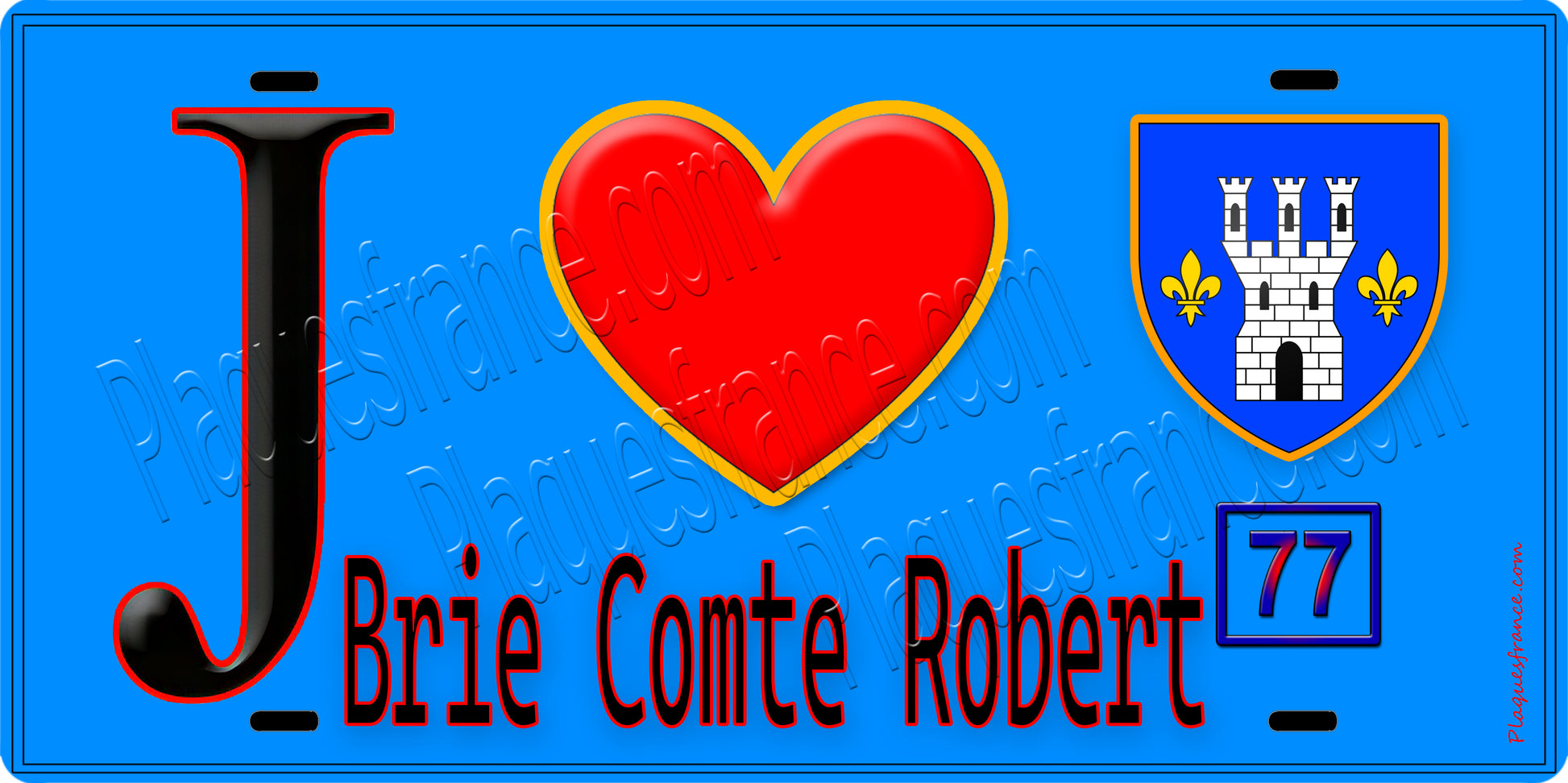 Plaque métal décorative  J' ❤️Brie-Comte-Robert, Seine et Marne (77) fond bleu