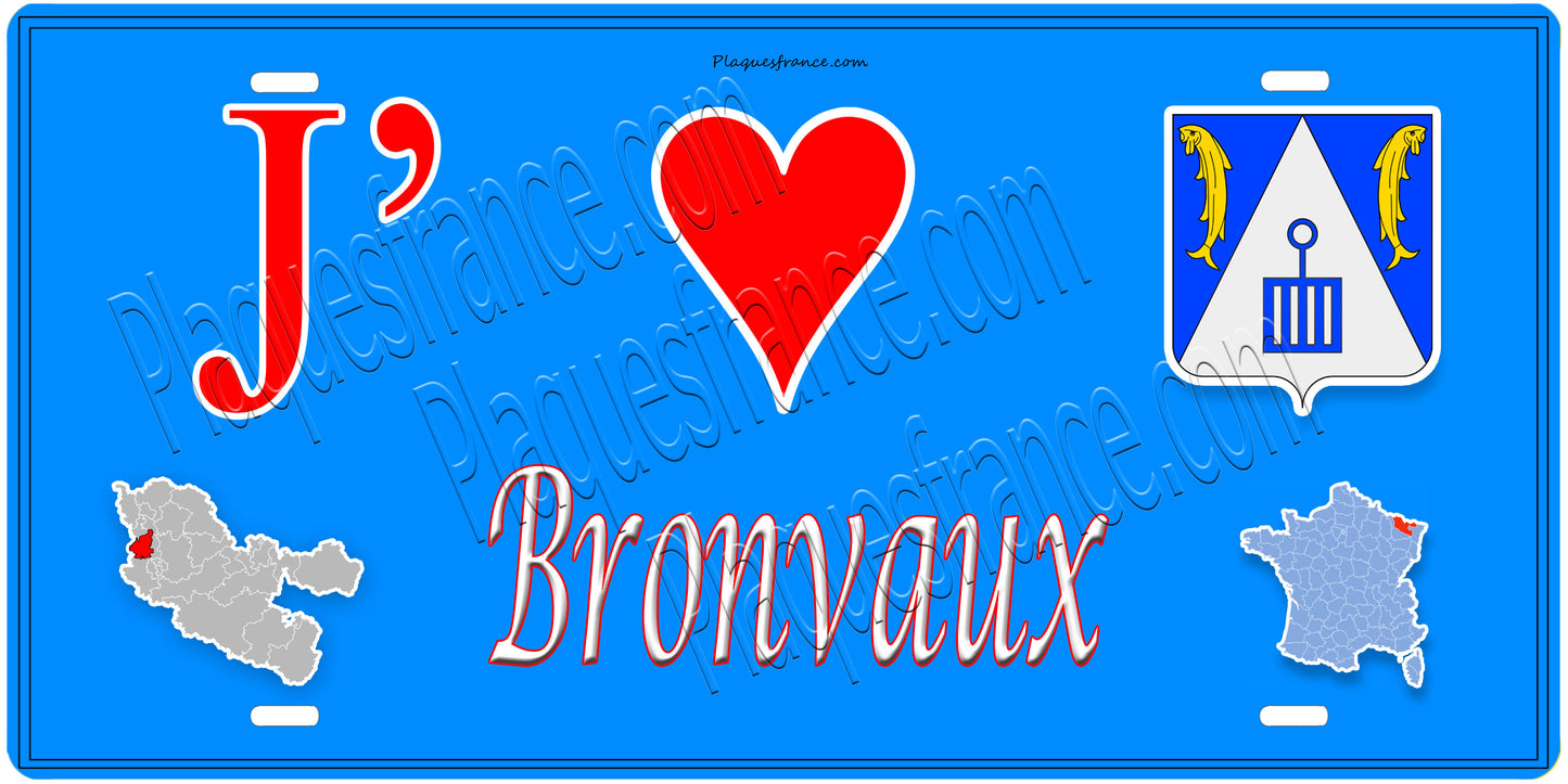 Plaque métal décorative 15 x 30 cm fond  mur bleu carte J' ❤️Bronvaux, canton Rombas 57