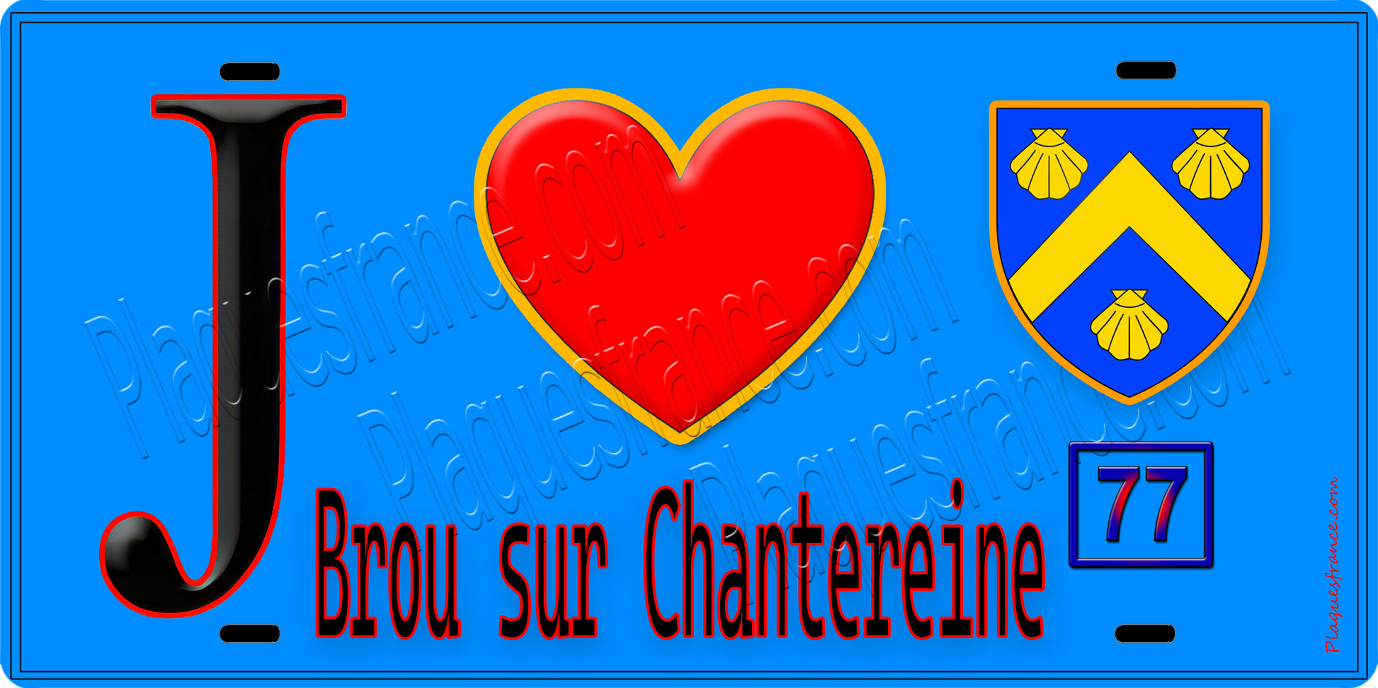 Plaque métal décorative  J' ❤️Brou-sur-Chantereine, Seine et Marne (77) fond bleu