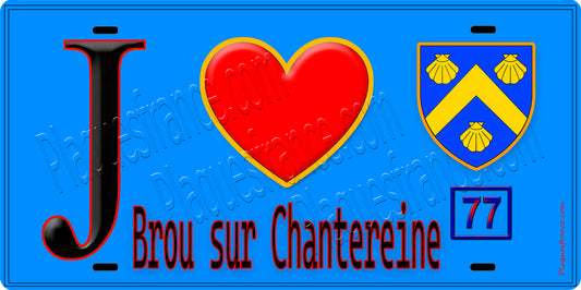 Plaque métal décorative  J' ❤️Brou-sur-Chantereine, Seine et Marne (77) fond bleu