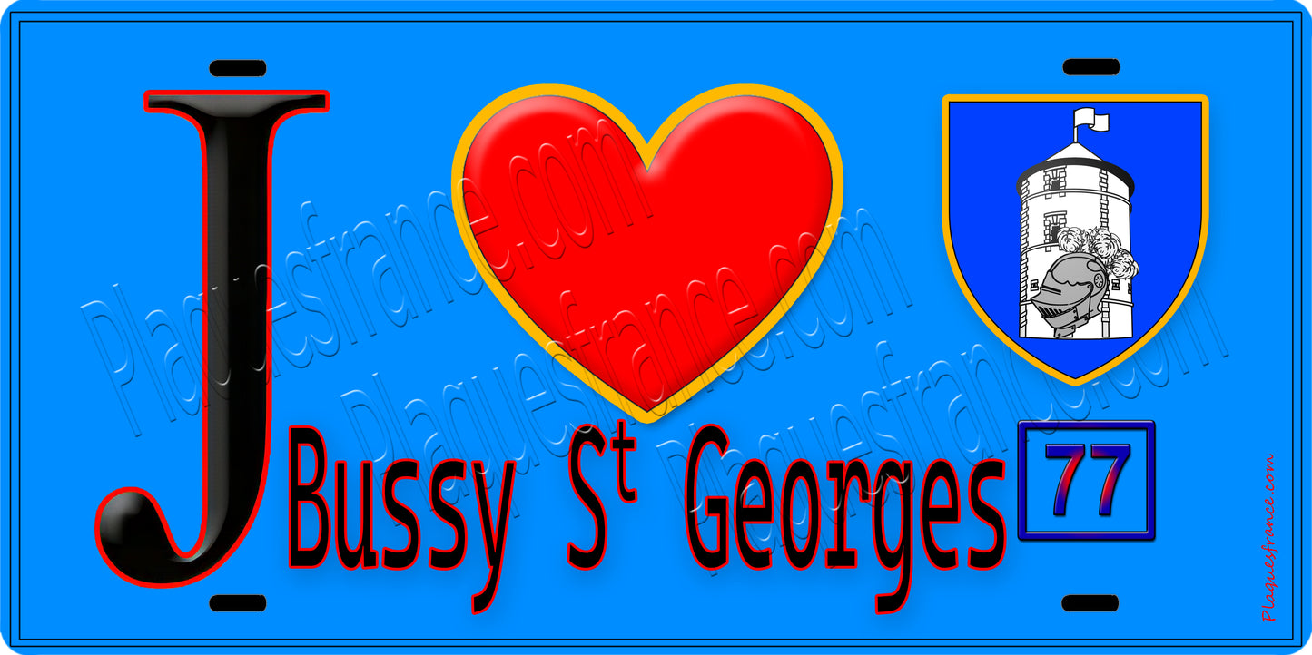 Plaque métal décorative  J' ❤️Bussy-Saint-Georges, Seine et Marne (77) fond bleu