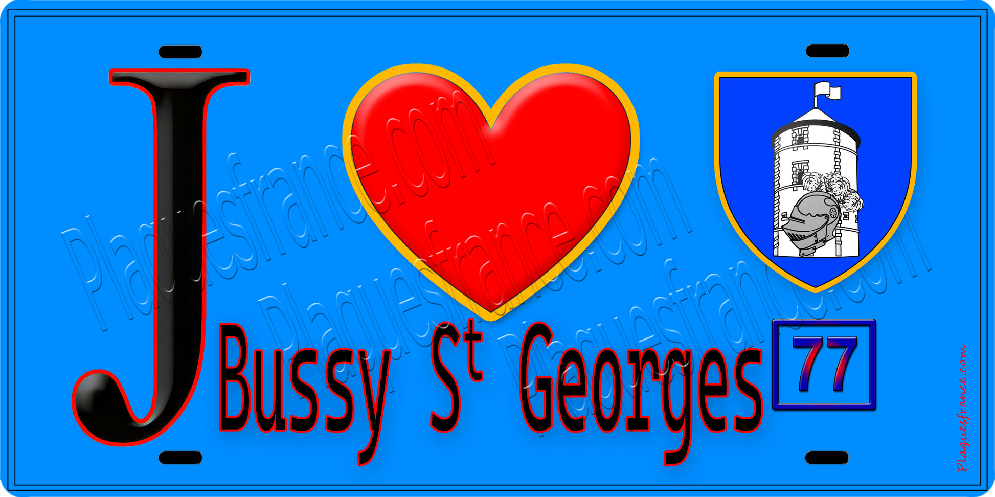 Plaque métal décorative  J' ❤️Bussy-Saint-Georges, Seine et Marne (77) fond bleu