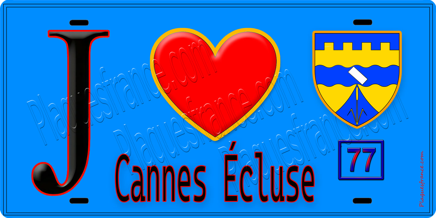 Plaque métal décorative  J' ❤️Cannes-Écluse, Seine et Marne (77) fond bleu