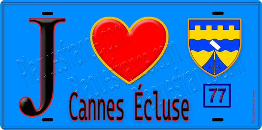 Plaque métal décorative  J' ❤️Cannes-Écluse, Seine et Marne (77) fond bleu