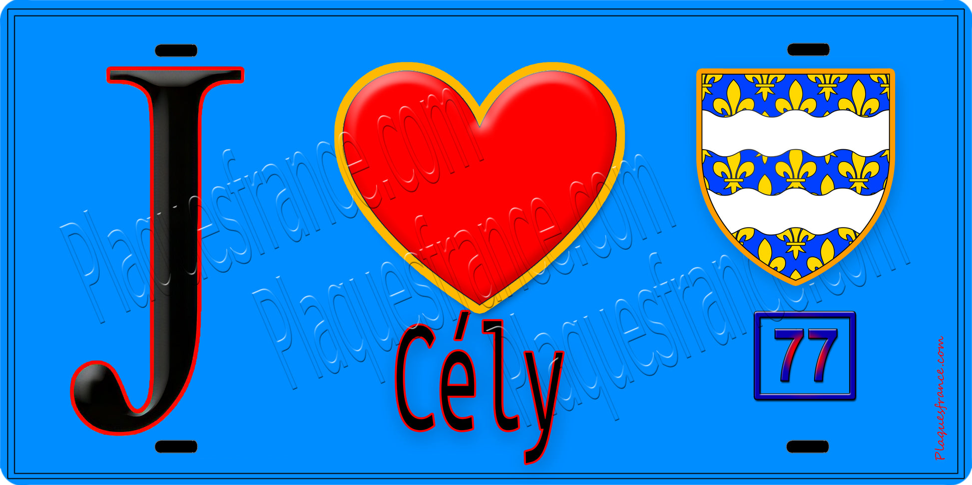 Plaque métal décorative  J' ❤️Cély, Seine et Marne (77) fond bleu