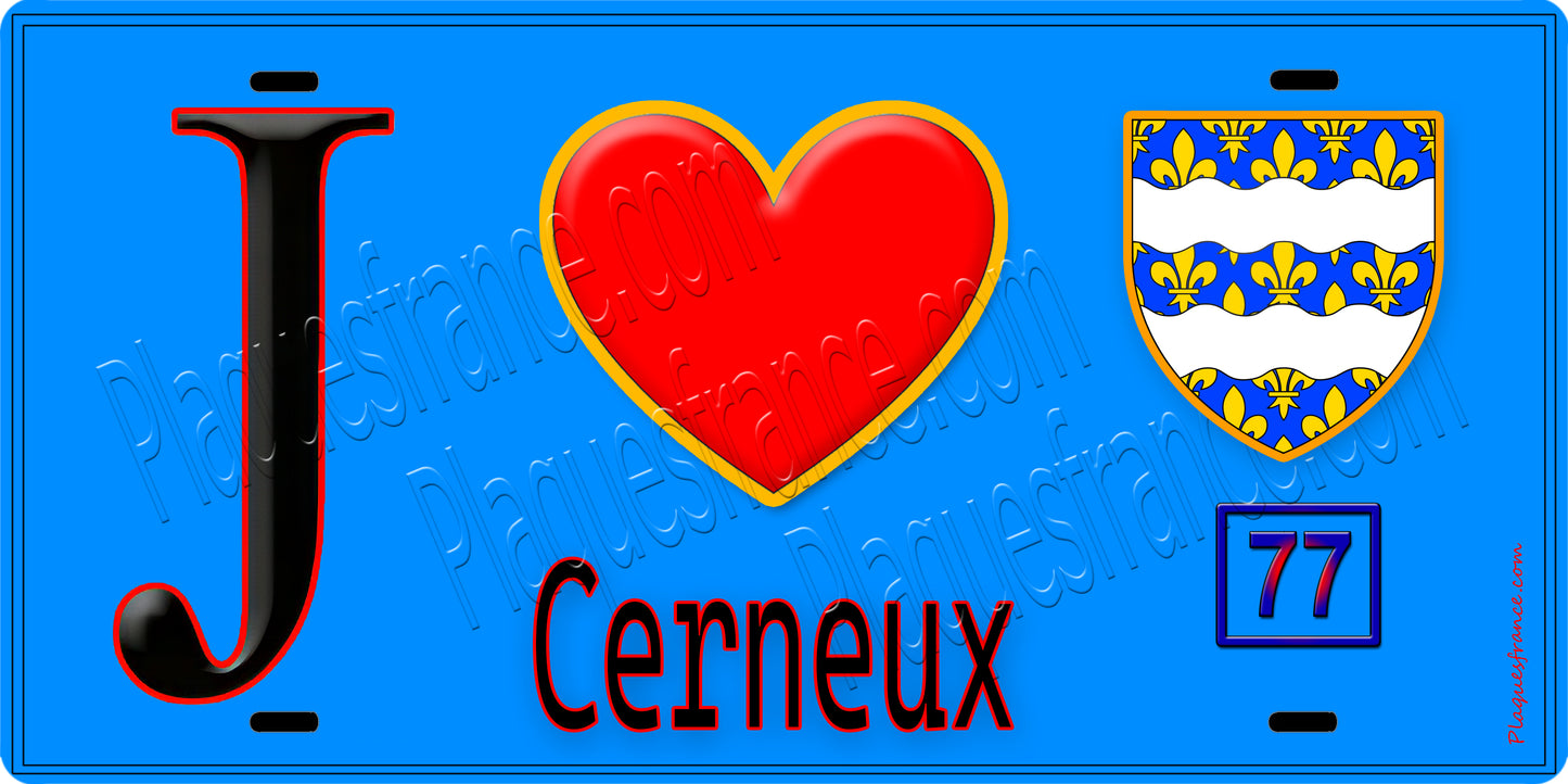 Plaque métal décorative  J' ❤️Cerneux, Seine et Marne (77) fond bleu