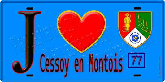 Plaque métal décorative  J' ❤️Cessoy-en-Montois, Seine et Marne (77) fond bleu