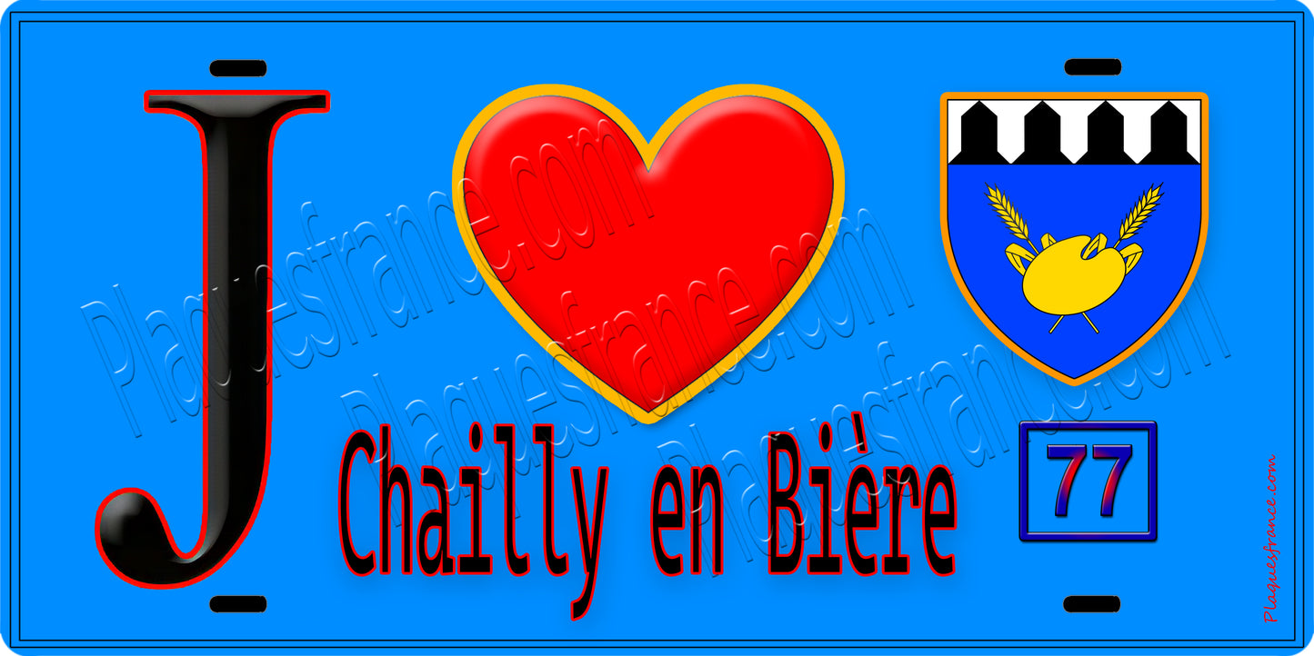 Plaque métal décorative  J' ❤️Chailly-en-Bière, Seine et Marne (77) fond bleu