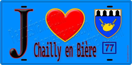 Plaque métal décorative  J' ❤️Chailly-en-Bière, Seine et Marne (77) fond bleu