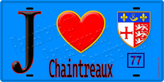 Plaque métal décorative  J' ❤️Chaintreaux, Seine et Marne (77) fond bleu