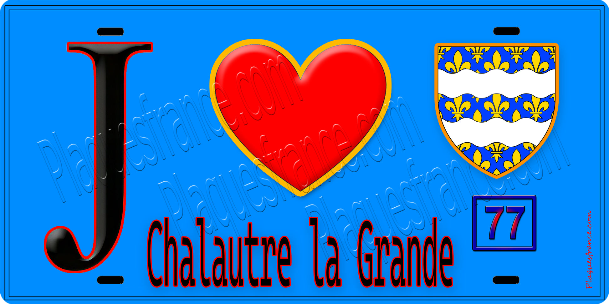 Plaque métal décorative  J' ❤️Chalautre-la-Grande, Seine et Marne (77) fond bleu