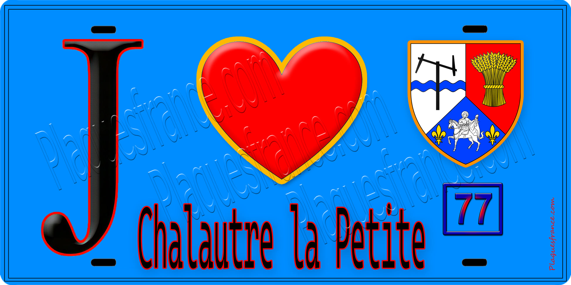 Plaque métal décorative  J' ❤️Chalautre-la-Petite, Seine et Marne (77) fond bleu