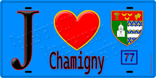 Plaque métal décorative  J' ❤️Chamigny, Seine et Marne (77) fond bleu