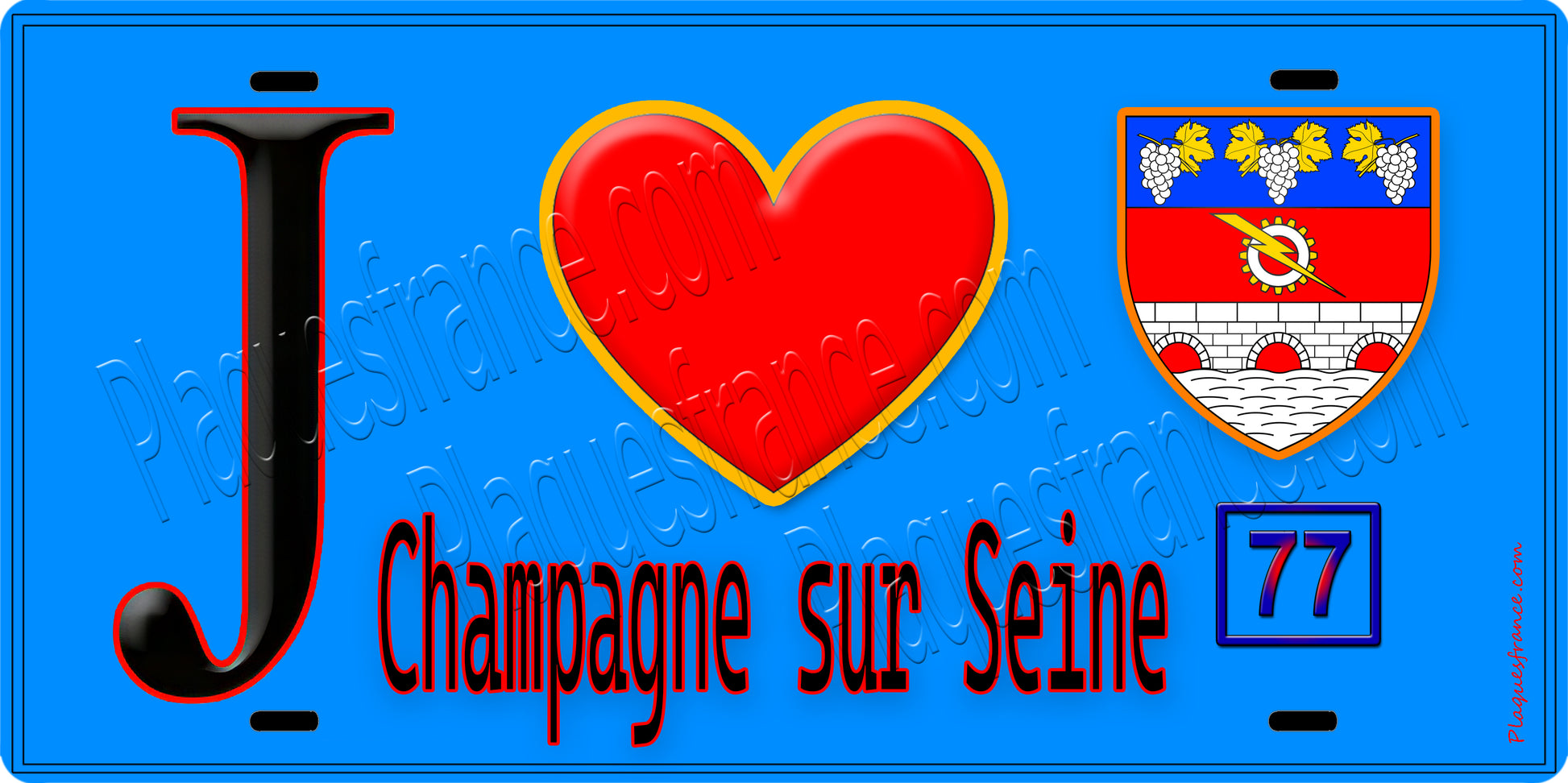 Plaque métal décorative  J' ❤️Champagne-sur-Seine, Seine et Marne (77) fond bleu
