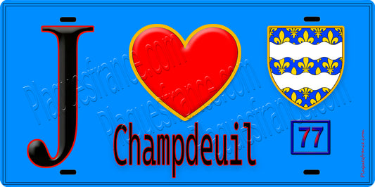 Plaque métal décorative  J' ❤️Champdeuil, Seine et Marne (77) fond bleu