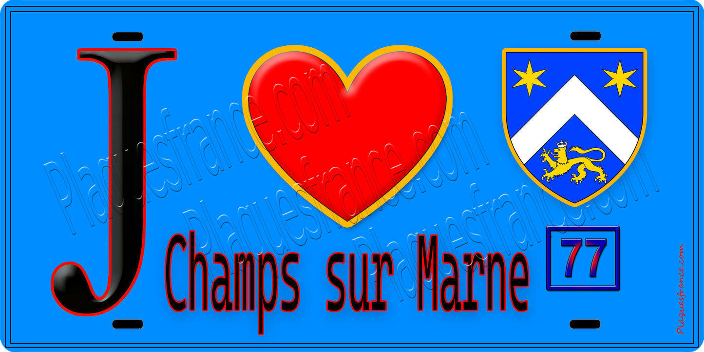 Plaque métal décorative  J' ❤️Champs-sur-Marne, Seine et Marne (77) fond bleu