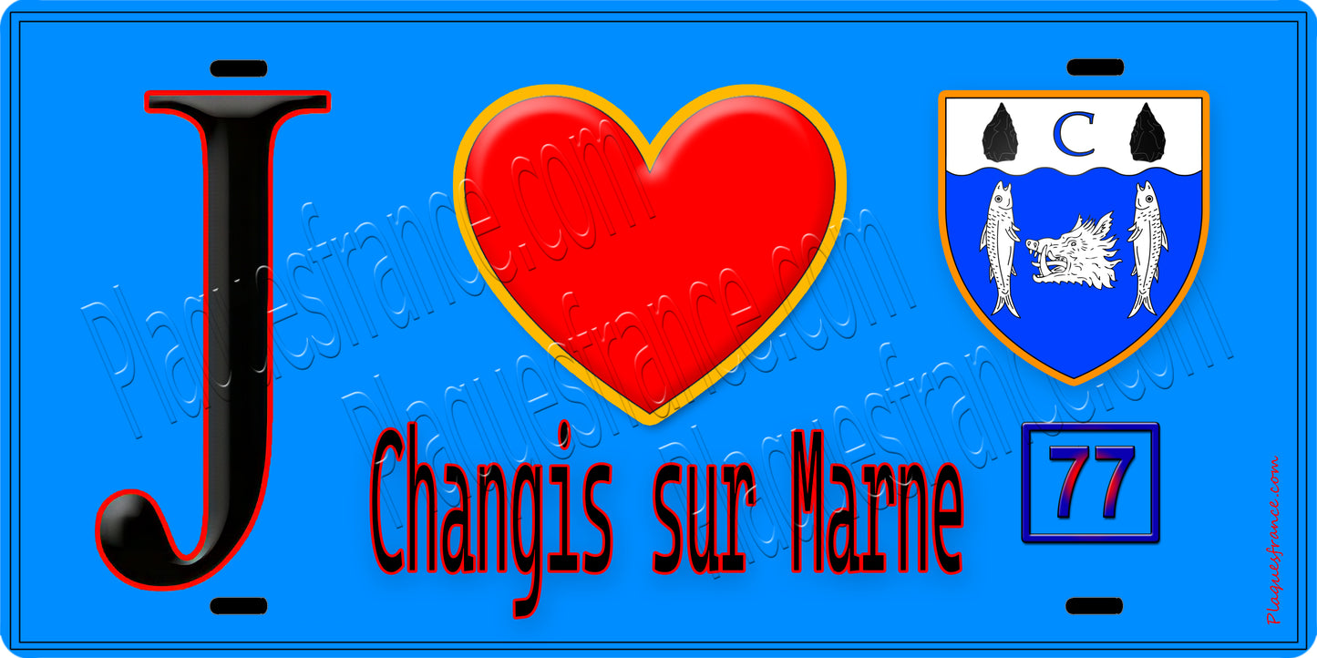 Plaque métal décorative  J' ❤️Changis-sur-Marne, Seine et Marne (77) fond bleu