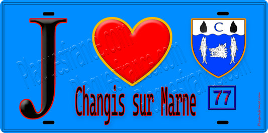 Plaque métal décorative  J' ❤️Changis-sur-Marne, Seine et Marne (77) fond bleu