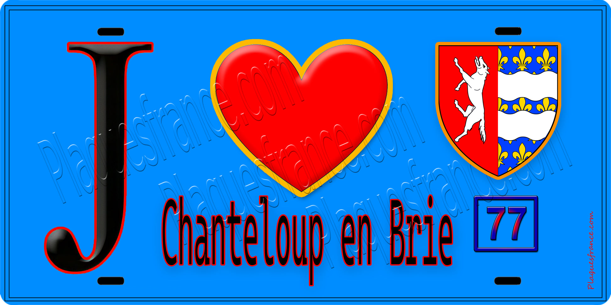 Plaque métal décorative  J' ❤️Chanteloup-en-Brie, Seine et Marne (77) fond bleu