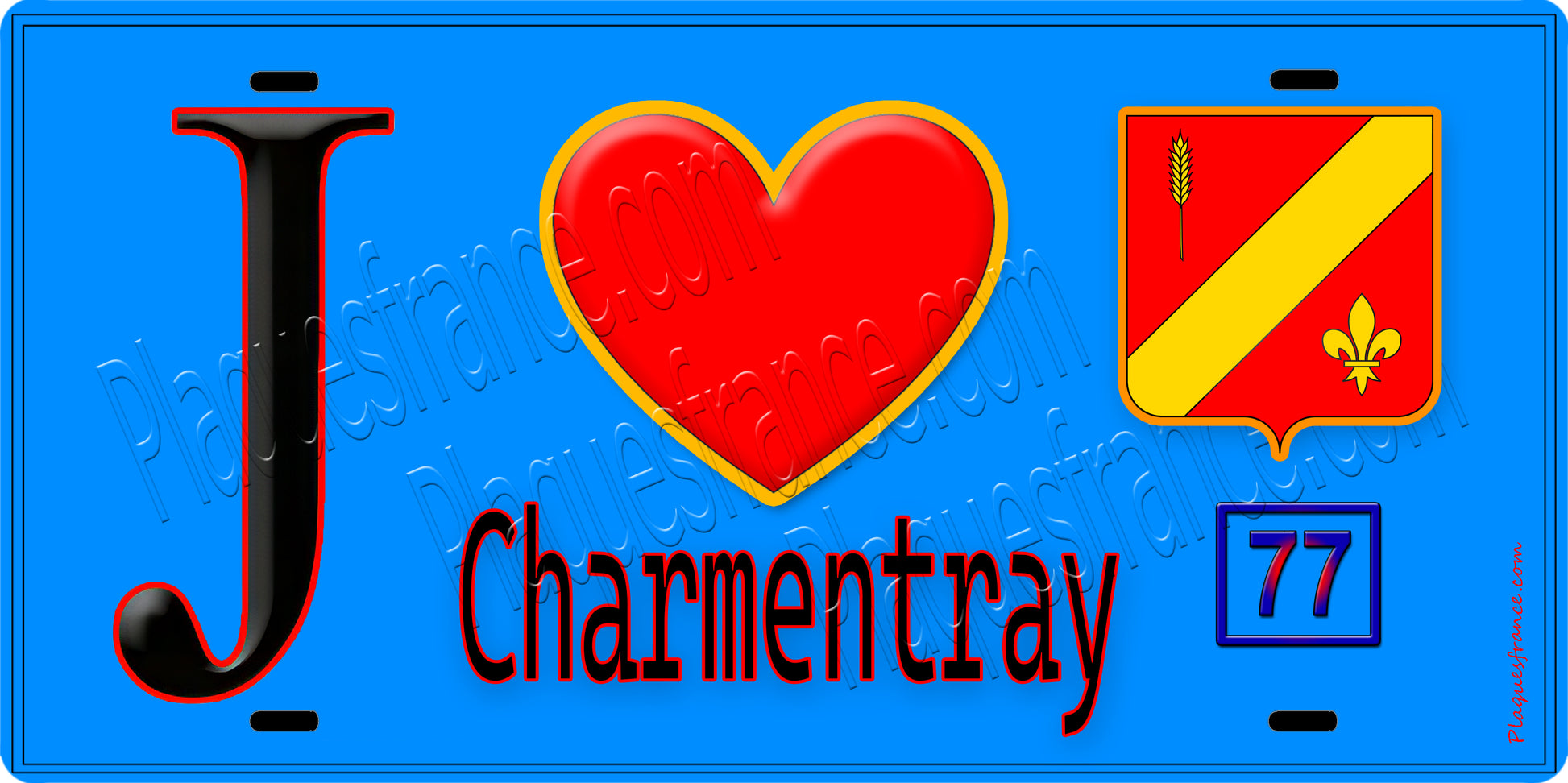 Plaque métal décorative  J' ❤️Charmentray, Seine et Marne (77) (Copie) fond bleu