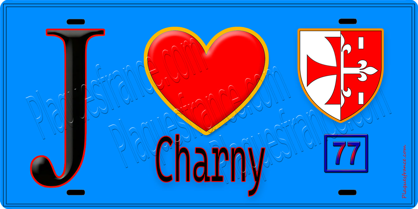 Plaque métal décorative  J' ❤️Charny, Seine et Marne (77) fond bleu