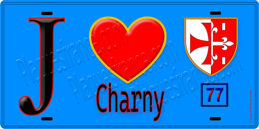 Plaque métal décorative  J' ❤️Charny, Seine et Marne (77) fond bleu