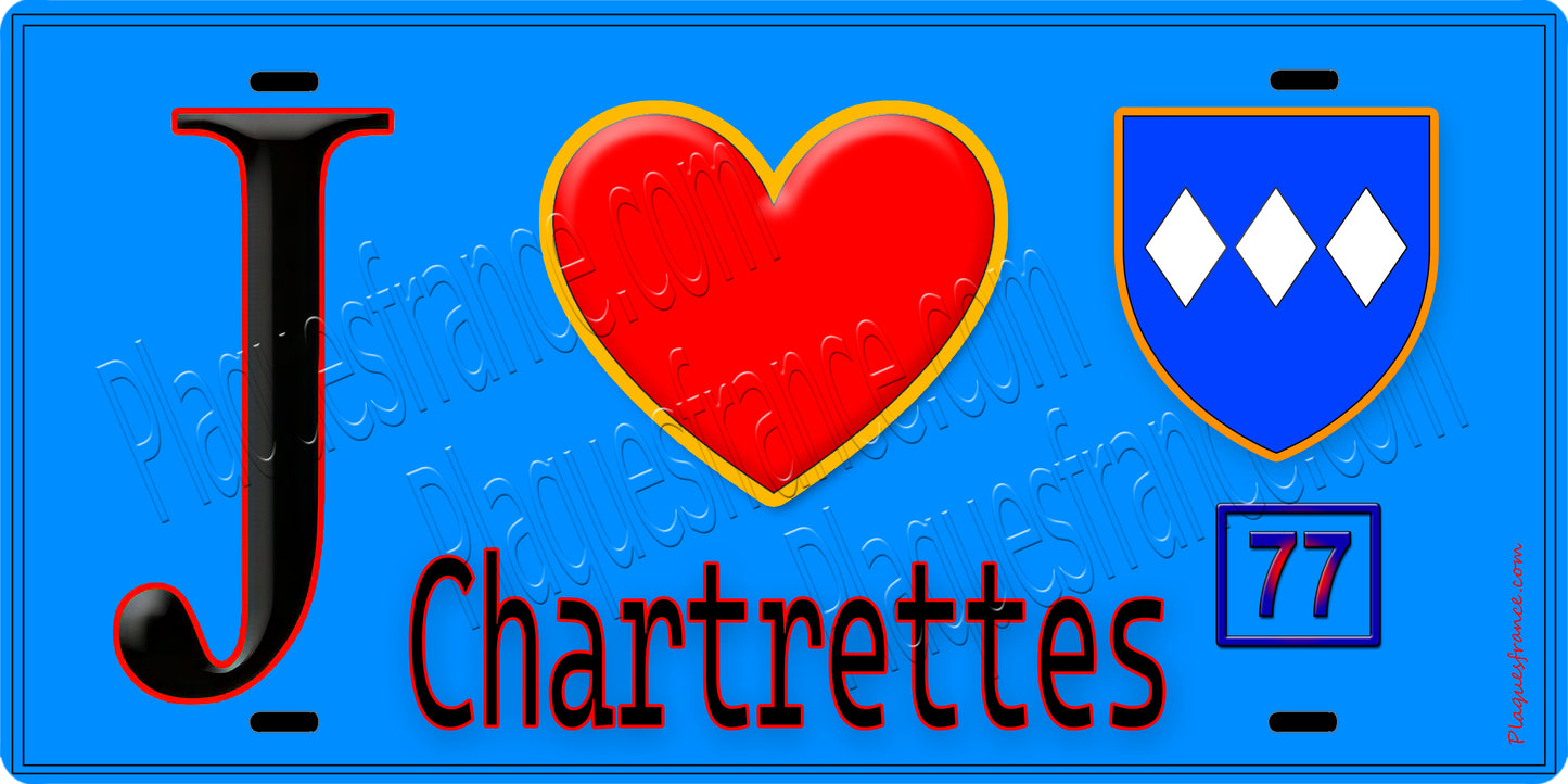 Plaque métal décorative  J' ❤️Chartrettes, Seine et Marne (77) fond bleu