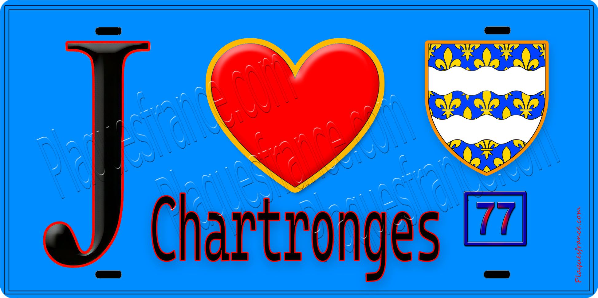 Plaque métal décorative  J' ❤️Chartronges, Seine et Marne (77) fond bleu